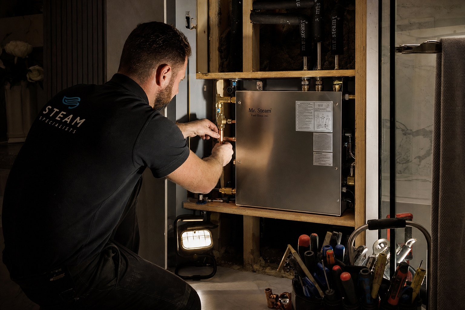 Pro-Grade plumber commissioning a Mr Steam generator during luxury bathroom installation